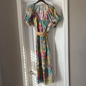 Loft Midi Dress with Puff Sleeves and Raffia Belt